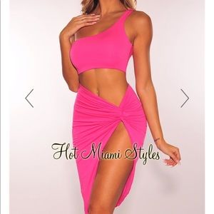 Neon Pink One Shoulder Knotted Slit Two Piece Set